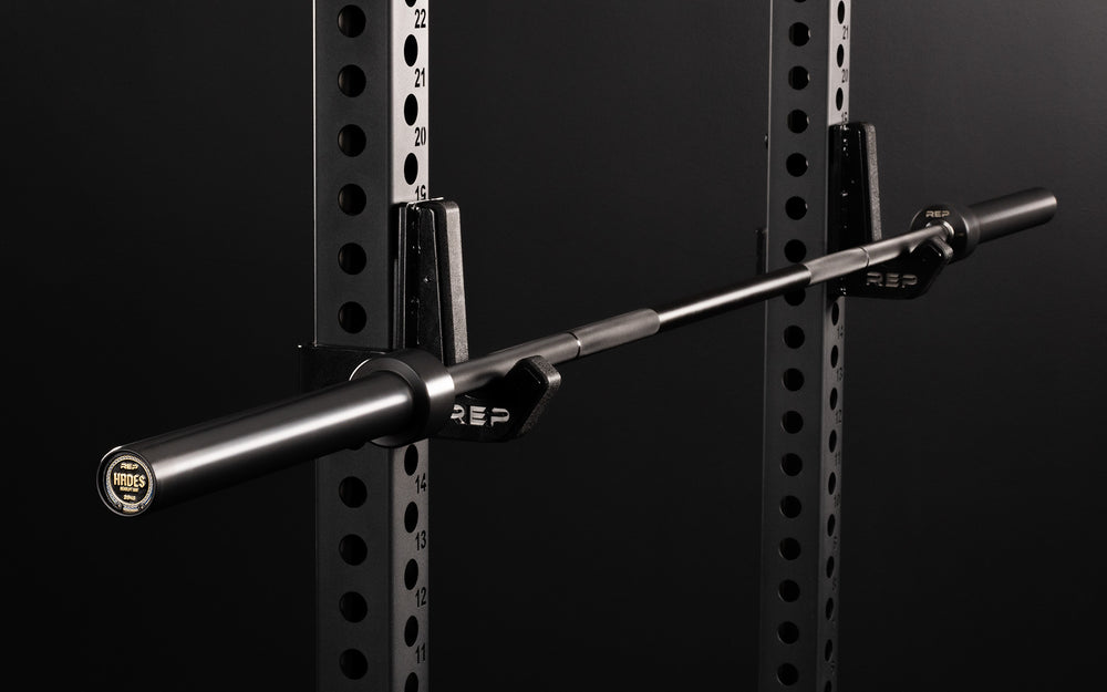 REP Hades Deadlift Bar racked in j-cups.