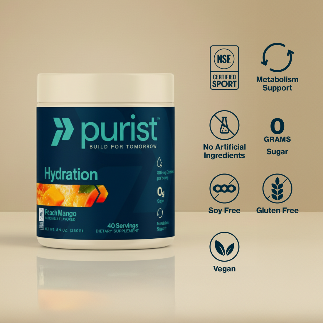 Purist Hydration powder container with certification icons on a gray background