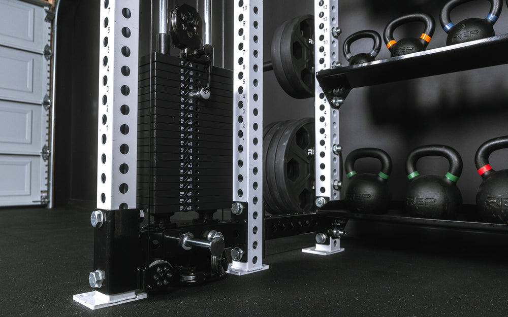 Close up of the left side Athena weight stack and integrated band pegs on Hyperion series 1.