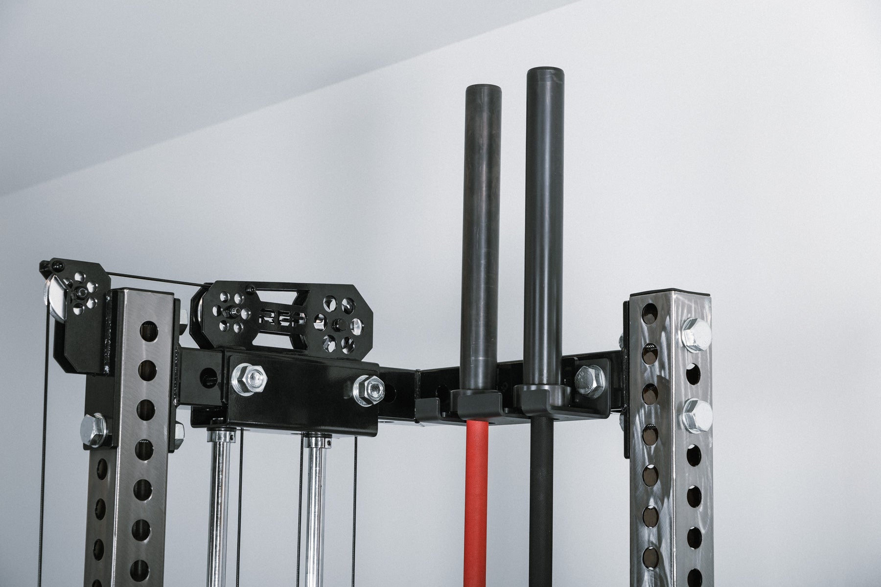 Functional Trainer With Storage - Showing Cables and Pulleys and attachment compatibility on the L-Shaped Crossmember