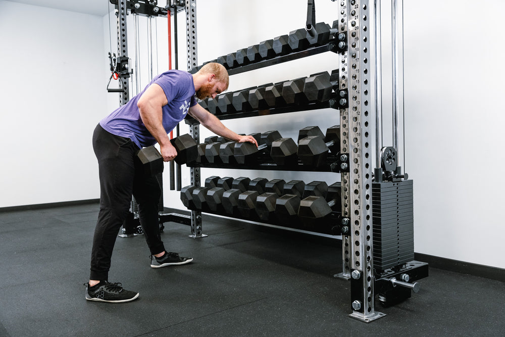 Dumbbell & Kettlebell Shelves being used for dumbbell storage in the Functional Trainer with storage  configuration