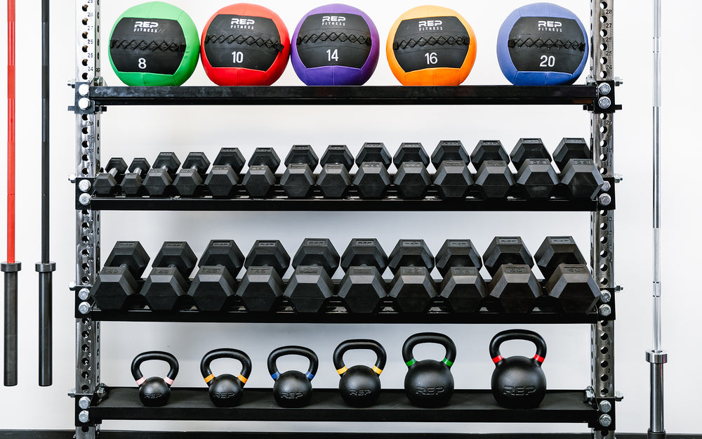 Dumbbell & Kettlebell Storage Shelves Storing dumbbells, kettlebells, and medicine balls