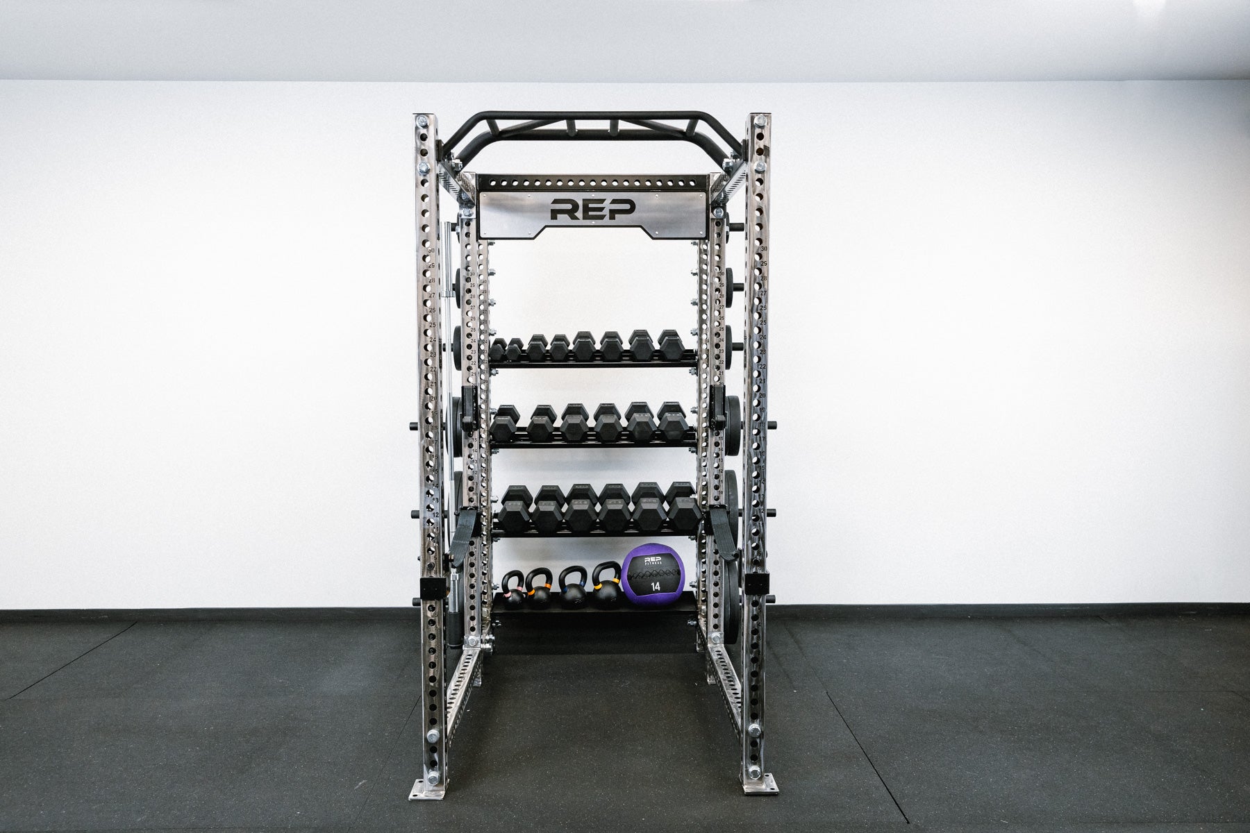 In-Rack Storage With Dumbbell Storage Shelf and Flat Storage Shelf - Storing dumbbells, kettlebell, and Medicine ball