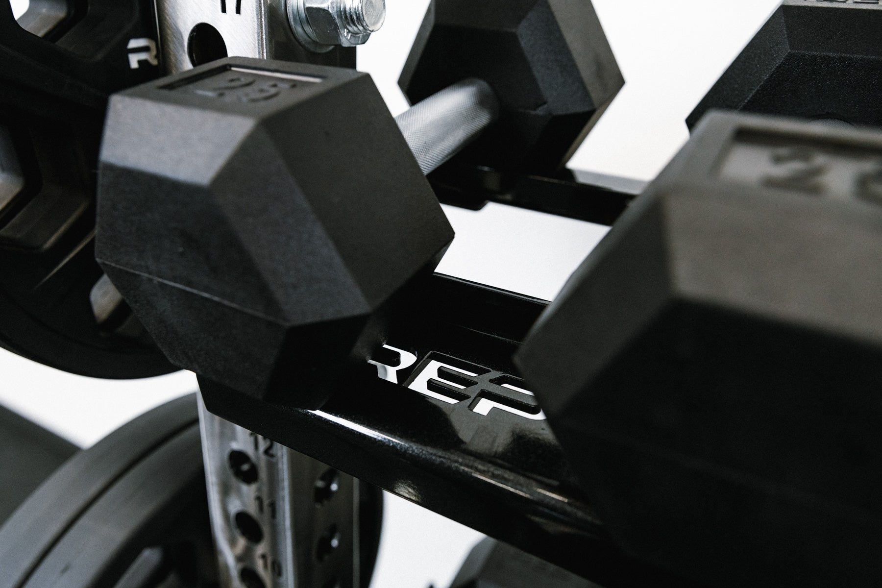 Dumbbell Storage Shelf - Close Up of Shelf and REP Hex Dumbbells