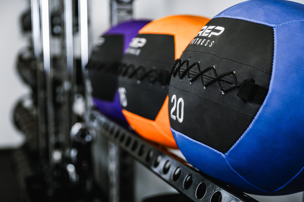 Off-rack Storage - Close up of Ball & Plate Storage Shelf  holding medicine balls