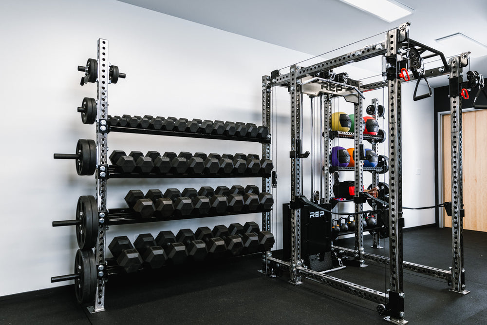 Dumbbell & Kettlebell Storage Shelf holding dumbbells in an off rack configuration