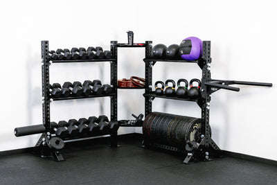 Stand-Alone Modular Storage System. Corner Shelf Unit holding dumbbells, slam balls, medicine balls, kettlebells, bumper plates, attachments, and small accessories