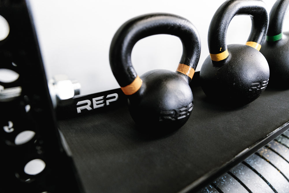 Stand-Alone Modular Storage System - Close up of Kettlebell Storage Shelf holding REP kettlebells