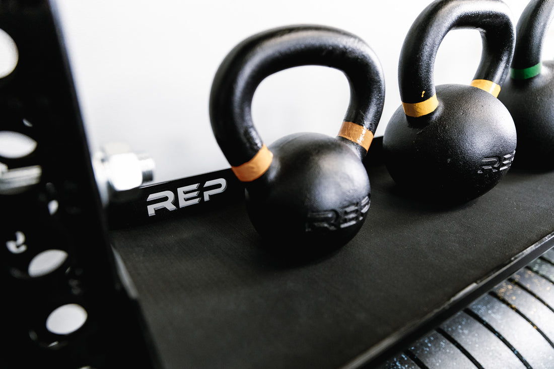 Kettlebell Storage Shelf with REP Kettlebells being stored