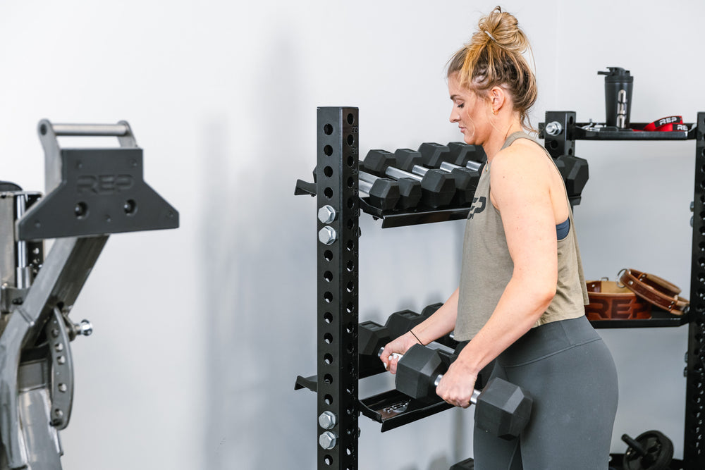 Removing Hex Dumbbells off of Dumbbell Storage Shelf on a Corner Shelf stand-alone Unit