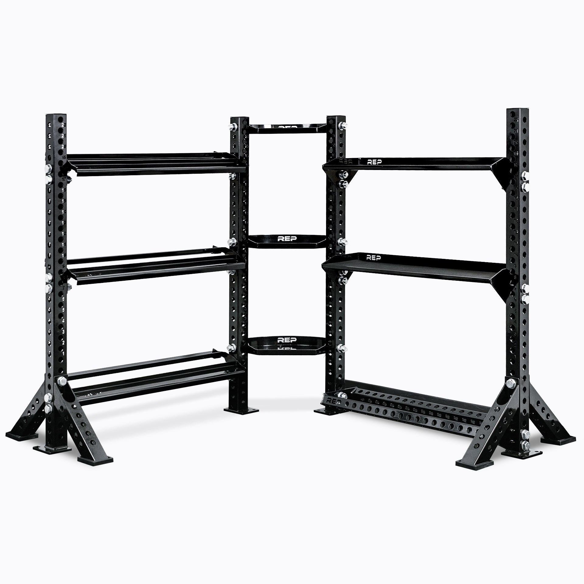 Stand-Alone Modular Storage System - Corner Shelf Unit with Dumbbell Shelves, Kettlebell Shelves, Ball & Plate Shelf, and Corner Shelves