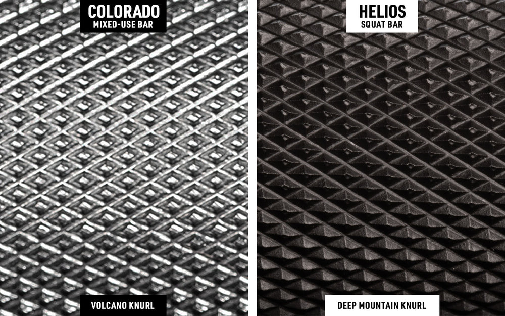 Colorado Bar volcano knurling compared to Helios Squat Bar deep mountain knurling.