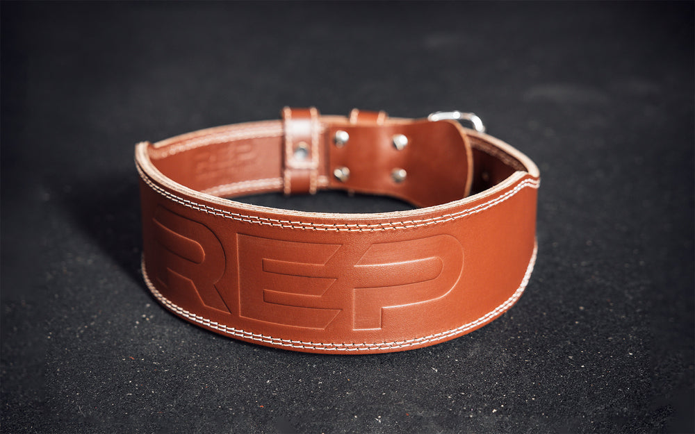 Full view of the brown REP Leather Olympic Lifting Belt.