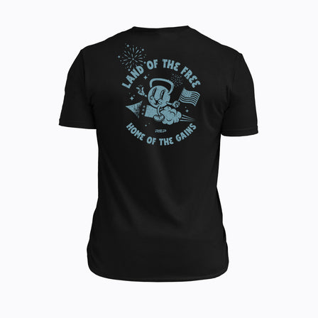 Studio shot: Back view of the REP Men's Liberty Bell Tri-Blend Crew T-Shirt in Black and graphic in Blue