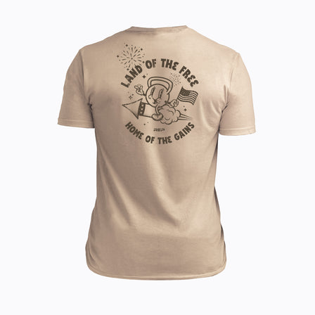 Studio shot: Back view of the REP Men's Liberty Bell Tri-Blend Crew T-Shirt in Desert and graphic in Brown