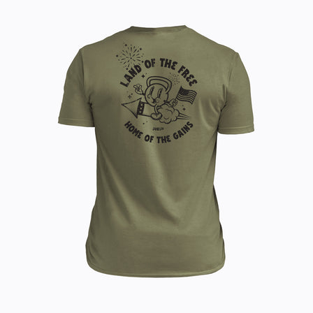 Studio shot: Back view of the REP Men's Liberty Bell Tri-Blend Crew T-Shirt in Olive and graphic in Black