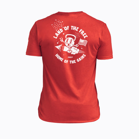 Studio shot: Back view of the REP Men's Liberty Bell Tri-Blend Crew T-Shirt in Red and graphic in White