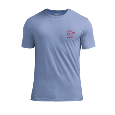 The REP Fitness Men's Liberty Bell Tri-Blend Crew T-Shirt in Heather Blue/Red front