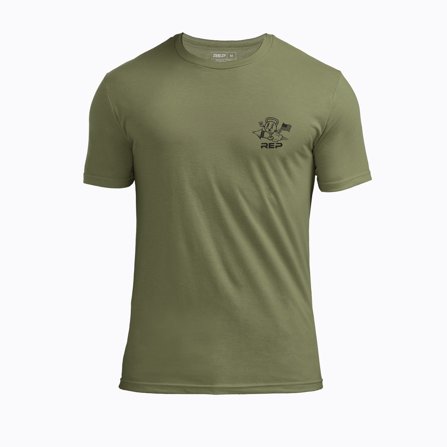 The REP Fitness Men's Liberty Bell Tri-Blend Crew T-Shirt in Heather Olive/Black front