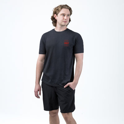 Athlete wearing the REP fitness Lift Club Tri-Blend Crew T-Shirt in Heather Black/Red
