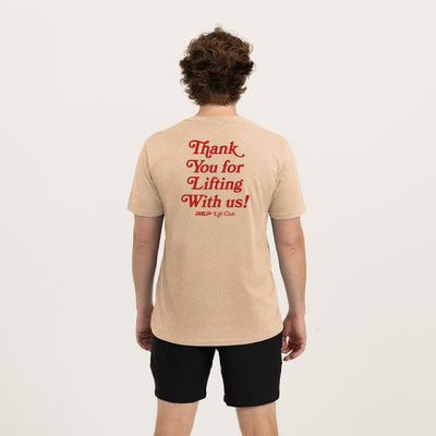 Athlete wearing the REP fitness Lift Club Tri-Blend Crew T-Shirt in Heather Desert/Red