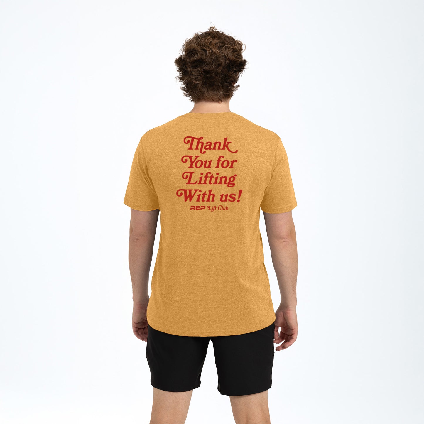 Athlete wearing the REP fitness Lift Club Tri-Blend Crew T-Shirt in Heather Ochre/Red