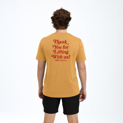 Athlete wearing the REP fitness Lift Club Tri-Blend Crew T-Shirt in Heather Ochre/Red
