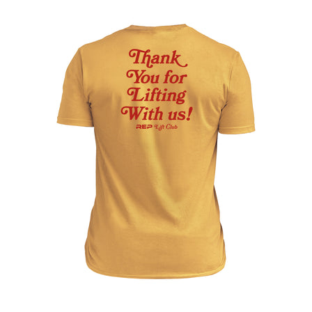 The REP fitness Lift Club Tri-Blend Crew T-Shirt in Heather Ochre/Red