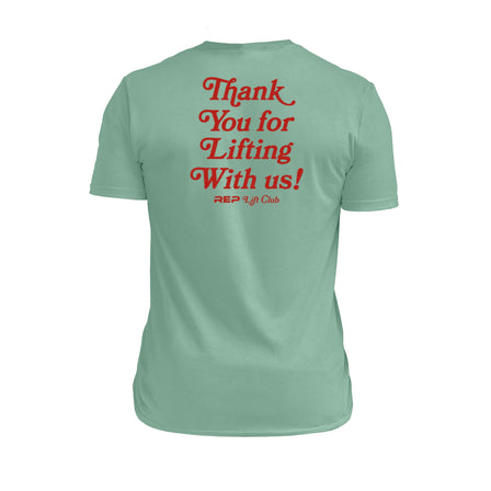 The REP fitness Lift Club Tri-Blend Crew T-Shirt in Heather Sage/Red