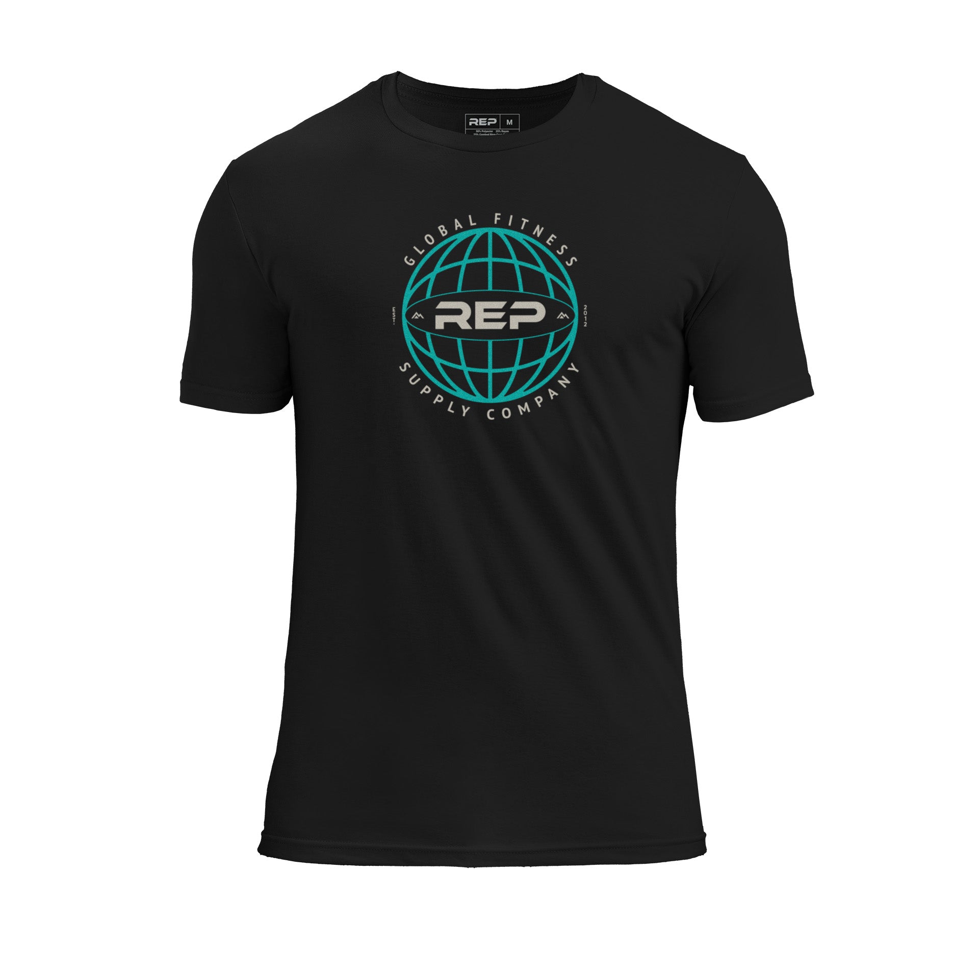 REP Fitness Worldwide Tri-Blend Crew T-Shirt in Heather Black with a blue graphic