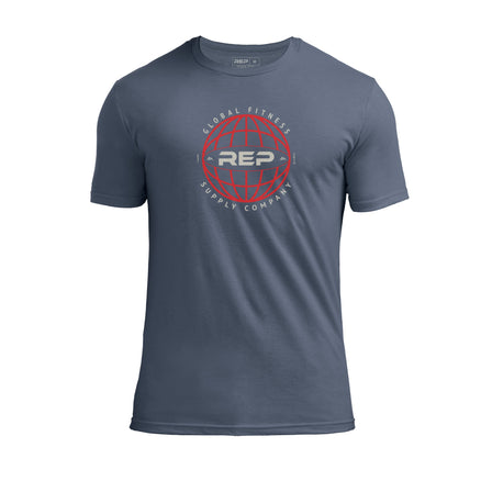 REP Fitness Worldwide Tri-Blend Crew T-Shirt in Heather Navy with a red graphic