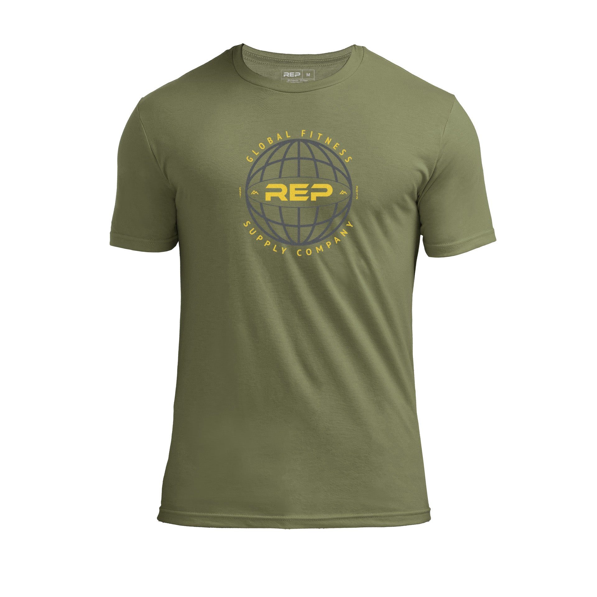 REP Fitness Worldwide Tri-Blend Crew T-Shirt in Heather Olive with a gray graphic