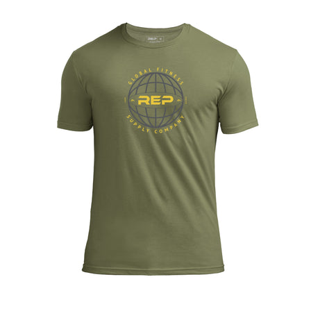 REP Fitness Worldwide Tri-Blend Crew T-Shirt in Heather Olive with a gray graphic