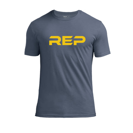 The REP Fitness Men's Daily Driver 2.0 Tri-Blend Crew T-Shirt in Heather Navy/Yellow