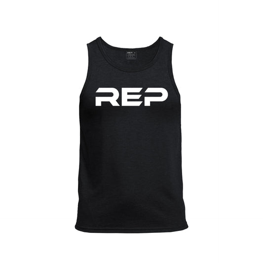 The REP Fitness Men's Daily Driver Tri-Blend Tank in Heather Black/White front