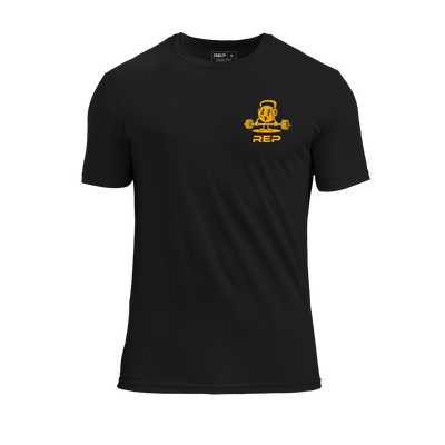 The REP Fitness Deadlift Party Tri-Blend Crew T-Shirt in Heather Black/Gold front