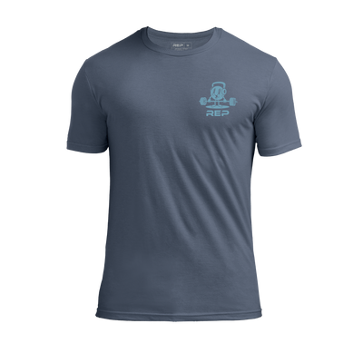 The REP Fitness Deadlift Party Tri-Blend Crew T-Shirt in Heather Navy/Blue front