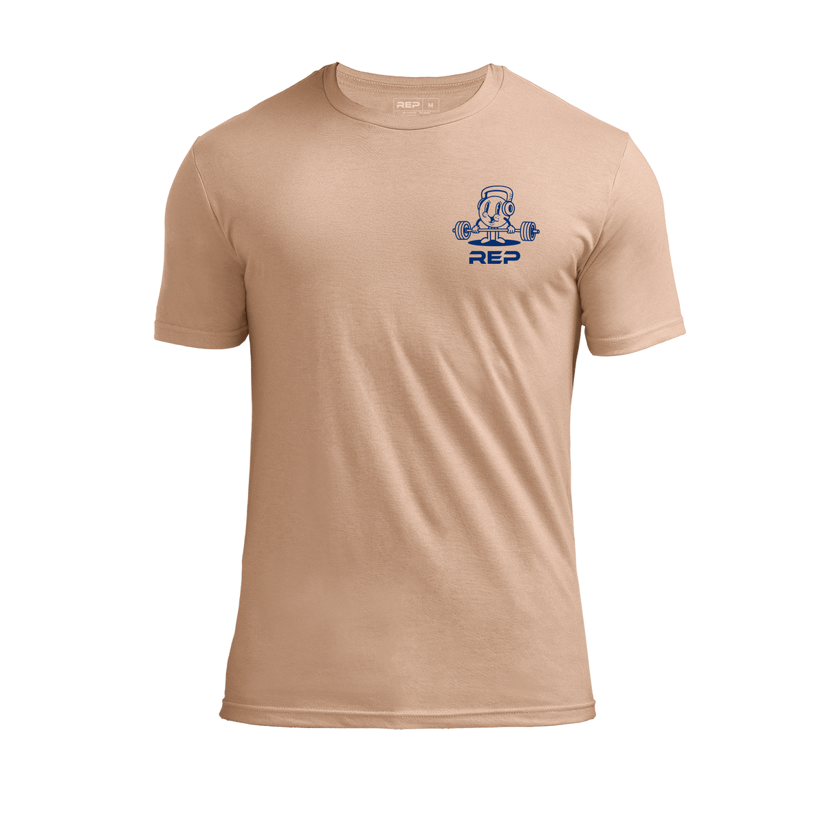 The REP Fitness Deadlift Party Tri-Blend Crew T-Shirt in Heather Peach/Blue front