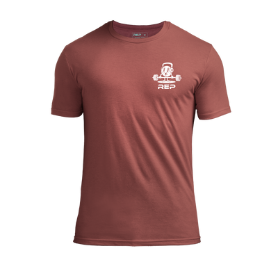 The REP Fitness Deadlift Party Tri-Blend Crew T-Shirt in Heather Russet/White front