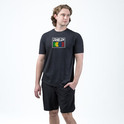 Athelete wearing the REP fitness Stacked Tri-Blend Crew T-Shirt in Heather Black/White
