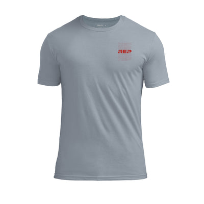 The REP Fitness Lift Club Tri-Blend Crew T-Shirt in Heather Flint/Red front