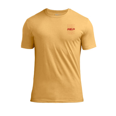 The REP Fitness Lift Club Tri-Blend Crew T-Shirt in Heather Ochre/Red front