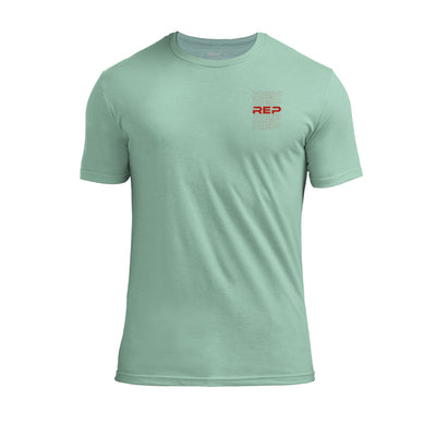 The REP Fitness Lift Club Tri-Blend Crew T-Shirt in Heather Sage/Red front