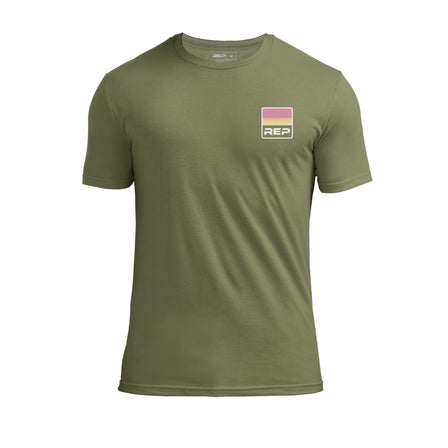 The REP Fitness Rise Tri-Blend Crew T-Shirt in Heather Olive and red