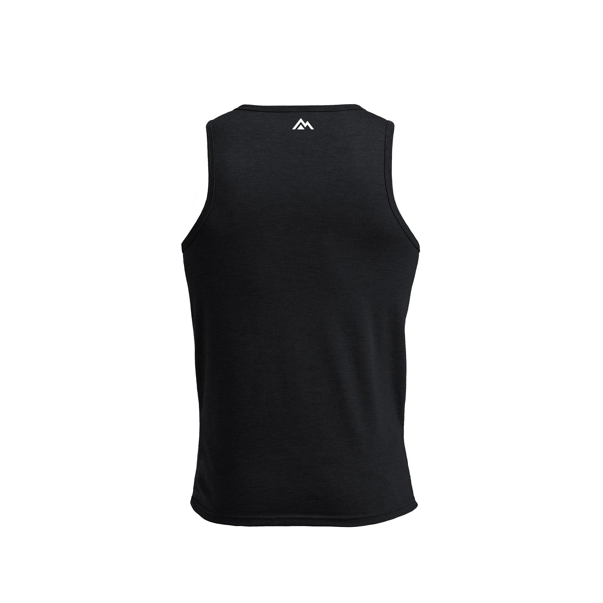 Black Men's Rise Tri-Blend Tank back view with mountain logo in top center