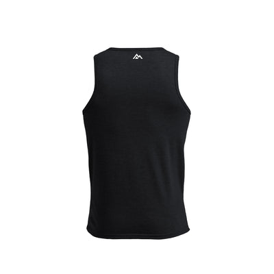 Black Men's Rise Tri-Blend Tank back view with mountain logo in top center