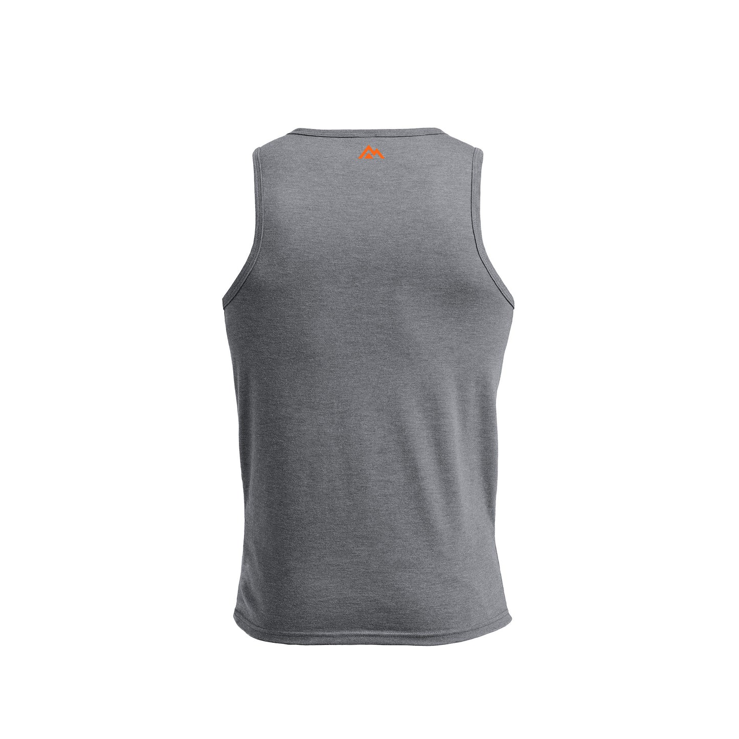 Aluminum Men's Rise Tri-Blend Tank back view with mountain logo in top center