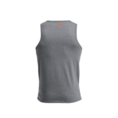 Aluminum Men's Rise Tri-Blend Tank back view with mountain logo in top center