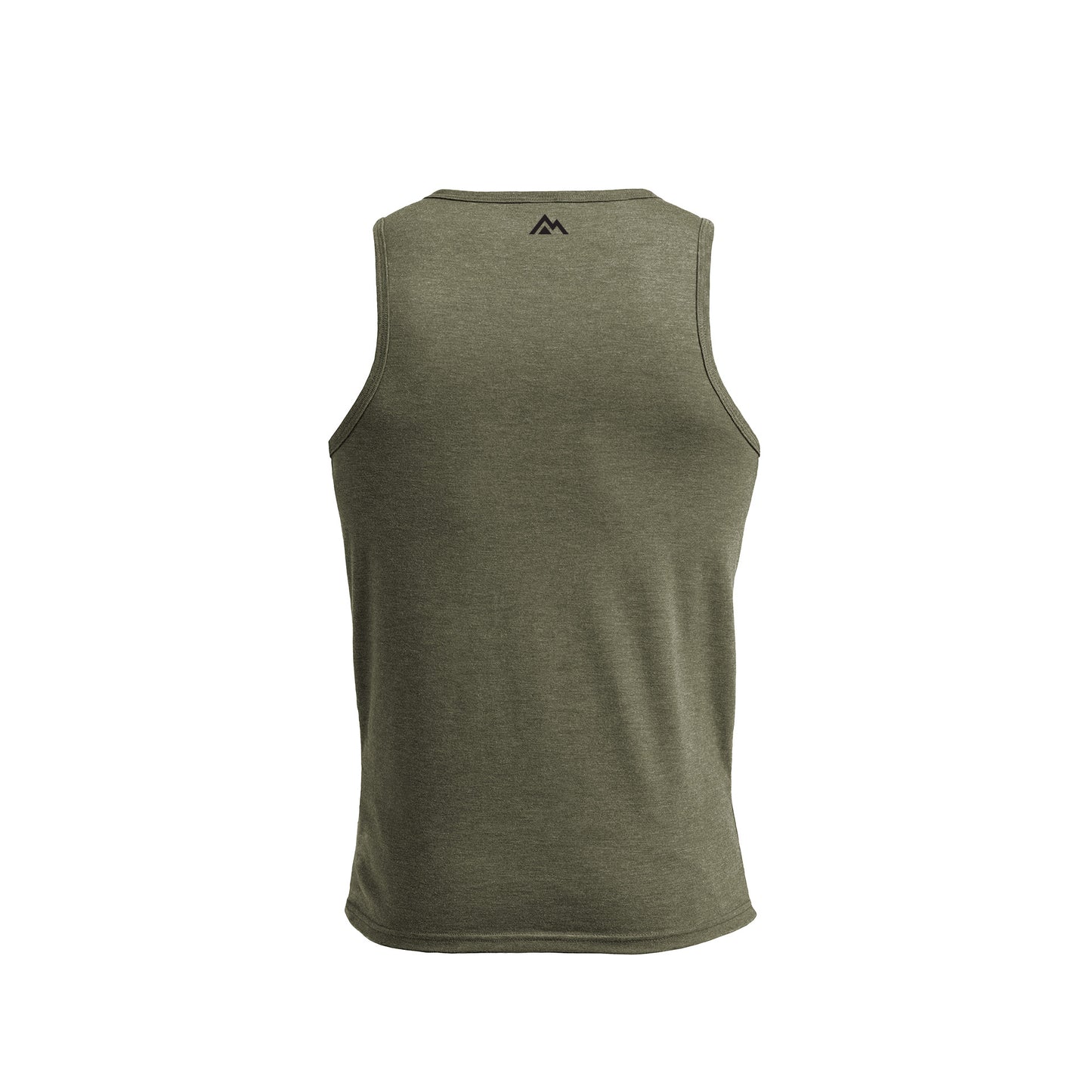 Olive Men's Rise Tri-Blend Tank back view with mountain logo in top center 
