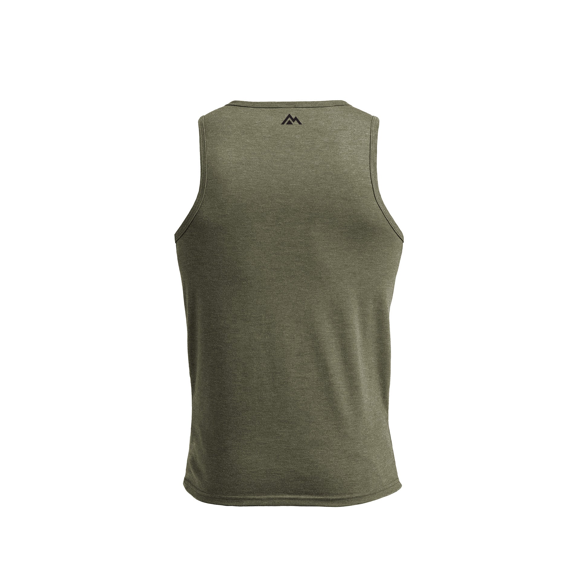 Olive Men's Rise Tri-Blend Tank back view with mountain logo in top center 
